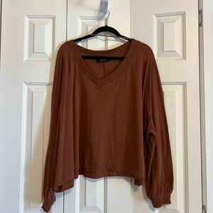Anna Grace Rust Brown V-Neck Long Sleeve Sweatshirt
